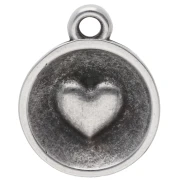 Pendentif rond 13 mm - coeur en résine époxy - Placage Argent fin vieilli - Rouge