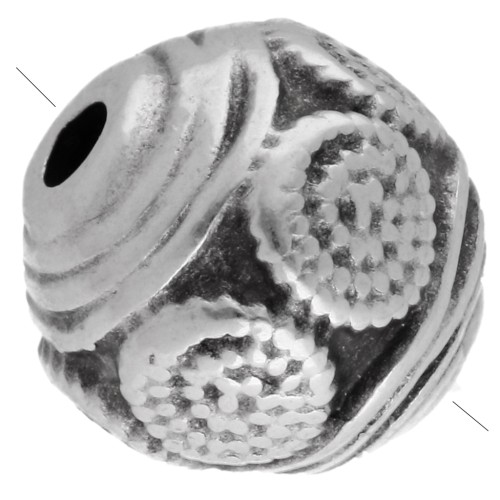 Perle ronde ethnique travaillée 9 mm - Placage Argent fin vieilli x1