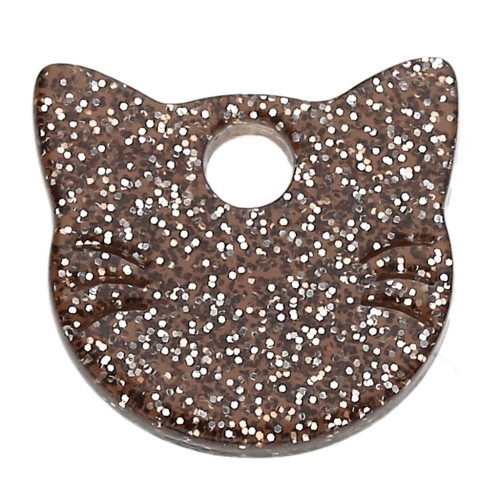Breloque tête de chat 14.5x15.5 mm en acétate - Pailleté Marron x1