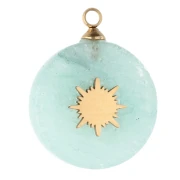 Breloque ronde 15 mm décor soleil - Acier inox 304 Doré - Amazonite x1