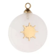 Breloque ronde 15 mm décor soleil - Acier inox 304 Doré - Quartz rose x1