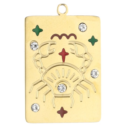 Pendentif rectangle 27.5x18 mm - signe du zodiaque Cancer - Acier inox 304 Doré x1