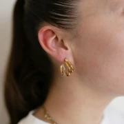 Créoles triples rangs avec oxydes zirconium 21 mm - Acier inoxydable 304 Doré x2