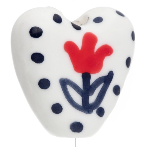 Perle coeur 15 mm en céramique - motif fleur - Blanc - Gris - Rouge x1