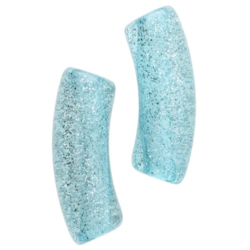 Perles tube incurvé 35x11 mm en acrylique transparente - Bleu Pailleté Argenté x6