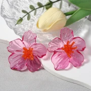 Boucles d'oreilles fleurs 66x62 mm en acrylique et perles - Rose - Orange x2