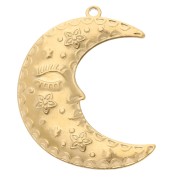 Pendentif demi-lune 30x23 mm - motif fleurs et étoiles - Acier inoxydable 304 Doré|raw }}