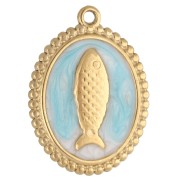 Pendentif ovale 23x17.5 mm - motif poisson - Acier inox 304 Doré - Bleu ciel x1|raw }}