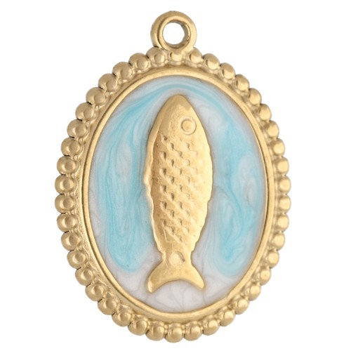 Pendentif ovale 23x17.5 mm - motif poisson - Acier inox 304 Doré - Bleu ciel x1