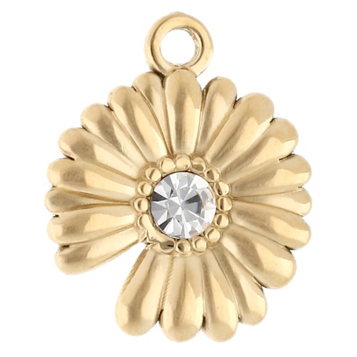 Breloque fleur 15 mm avec strass - Acier inoxydable 304 Doré - Crystal x1