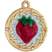 Pendentif rond 20 mm motif fraise avec résine époxy - Acier inox 304 Doré - Rouge