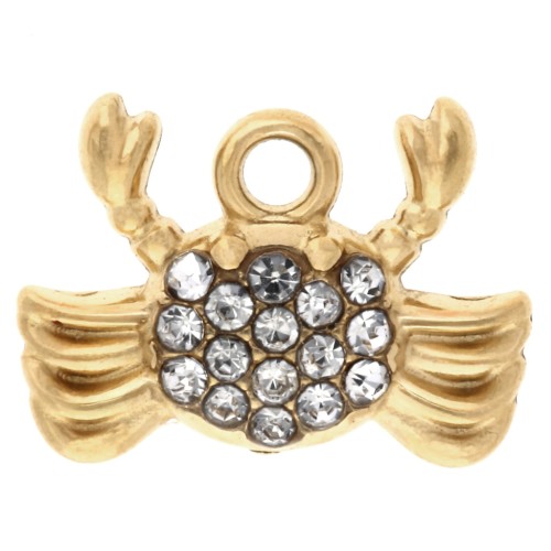 Breloque crabe 9x12 mm avec strass - Acier inoxydable 304 Doré - Crystal x1