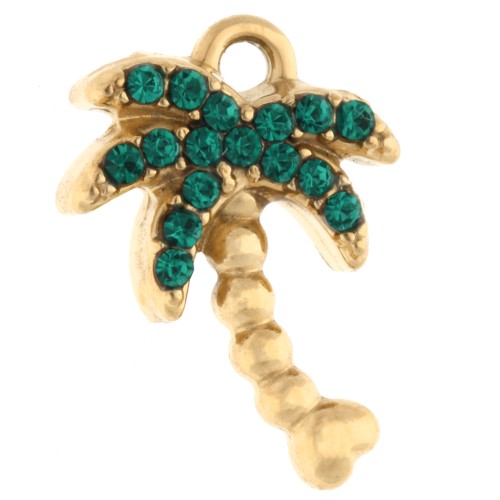 Breloque palmier 14x10 mm avec strass - Acier inoxydable 304 Doré - Vert x1