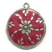 Pendentif résine époxy médaille 36 mm Fuchsia/argenté vieilli x1|raw }}