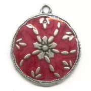 Pendentif résine époxy médaille 36 mm Fuchsia/argenté vieilli x1