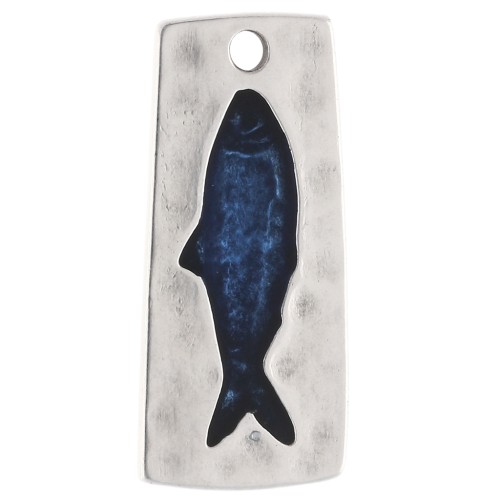 Pendentif rectangle irrégulier 31x14 mm motif poisson Placage argent fin - Bleu x1
