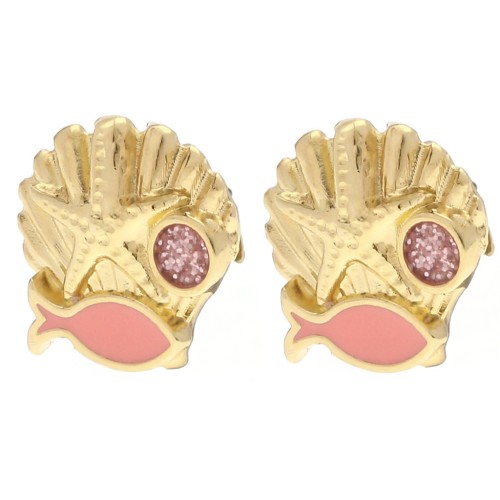 Boucles d'oreilles coquillage 13 mm - Doré à l'or fin - Saumon - Rose pailleté x2
