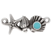 Intercalaire coquillage & étoile de mer 26x11mm Placage Argent fin vieil Turquoise
