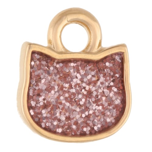 Breloque tête de chat 9x8 mm - Doré à l'or fin - Rose pailleté x1
