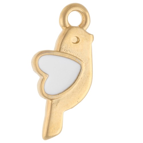 Breloque oiseau et coeur 18x8 mm - Doré à l'or fin - Blanc x1