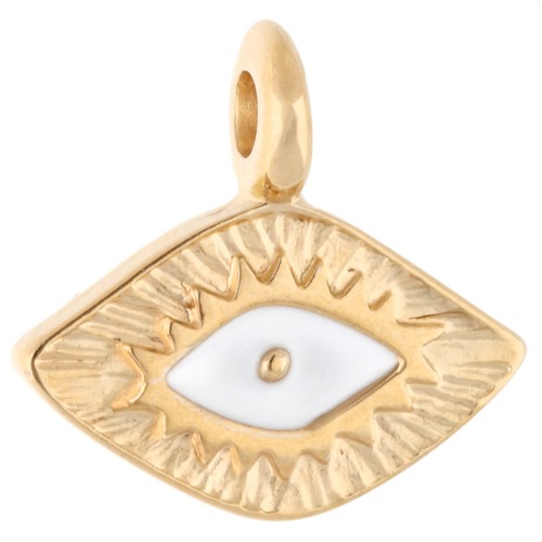 Breloque losange 12x13 mm - motif oeil - Doré à l'or fin - Blanc x1