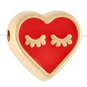 Perle coeur 9x10 mm avec résine époxy - Doré à l'or fin - Rouge clair x1