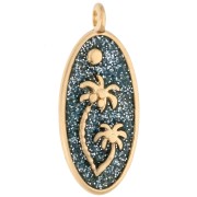 Pendentif ovale 28.5x12.5 mm motif palmiers - Doré à l'or fin - Bleu gris pailleté