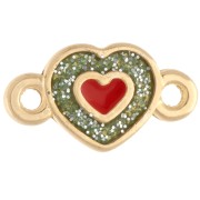 Intercalaire cœur 15x8.5mm résine époxy - Doré à l'or fin - Pailleté vert - Orange