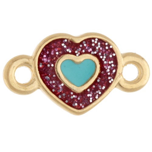 Intercalaire cœur 15x8.5mm résine époxy - Doré à l'or fin - Pailleté rose - Bleu