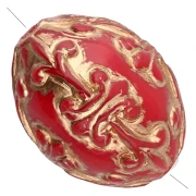 Perle olive 14x11 mm en résine opaque - décor baroque - Rouge - Doré x1