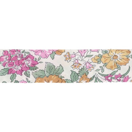 Biais en tissu Liberty - Clare Rich - Blanc - Rose - Vert x1m