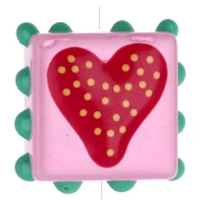 Perle carré 17 mm en verre avec petites boules - motif coeur - Rose - Rouge x1