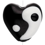 Perle coeur 13.5x14 mm en verre - motif  Yin et Yang - Noir - Blanc x1