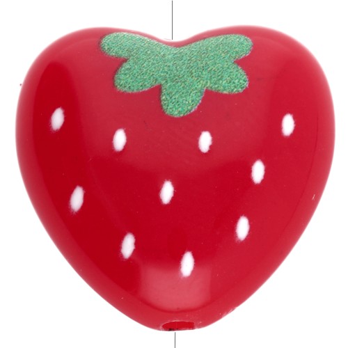 Perle coeur 17x18 mm en acrylique - motif fraise - Rouge x1
