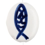 Perle ovale 20x17 mm en céramique - motif poisson - Blanc - Bleu foncé x1|raw }}