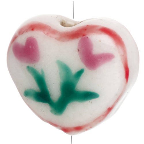 Perle coeur 12x14 mm en céramique - motif fleurs - Blanc - Rose x1