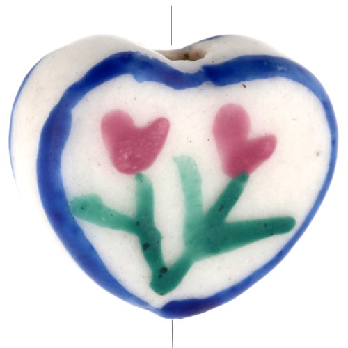 Perle coeur 12x14 mm en céramique - motif fleur - Blanc - Bleu - Rose x1