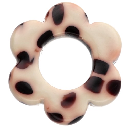 Pendentif fleur 14 mm en acétate - Tacheté Marron - Crème x1