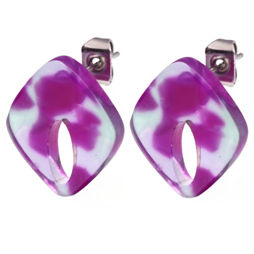 Clous d'oreilles losange évidé 16x14 mm acétate - Ecaille de tortue - Violet - Vert x2