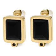 Clous d'oreilles rectangle 13x9 mm cabochon verre - Acier inox Doré 304L - Noir x2|raw }}