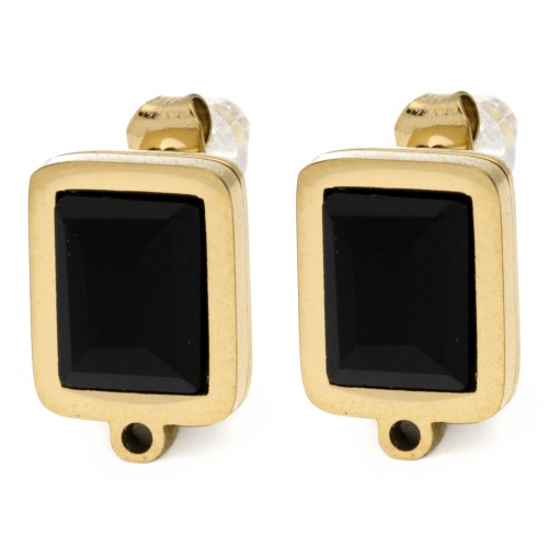 Clous d'oreilles rectangle 13x9 mm cabochon verre - Acier inox Doré 304L - Noir x2