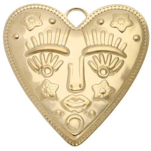 Pendentif coeur 46.5x45 mm - motif visage - Acier Inoxydable 304 Doré x1