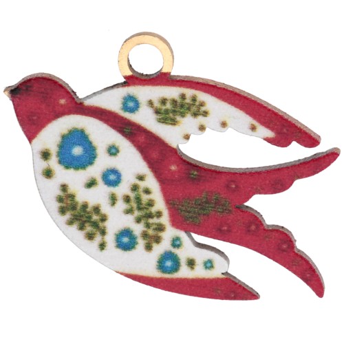 Pendentif oiseau 14x21mm impression UV - Fleur - Acier inox 304 Doré - Multicolore