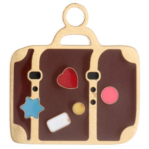 Breloque valise 16x15 mm résine époxy - Acier inox 304 Doré - Marron x1