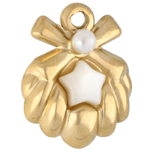 Breloque coquillage 17x14 mm avec étoile en nacre - Acier inox Doré 304 - Blanc x1