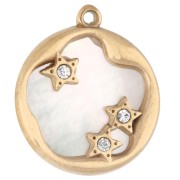 Breloque ronde 14 mm avec nacre et oxydes de zirconium - Acier inox 304 Doré x1