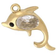 Breloque dauphin 12x16 mm avec strass - Acier inoxydable Doré 304 - Crystal x1