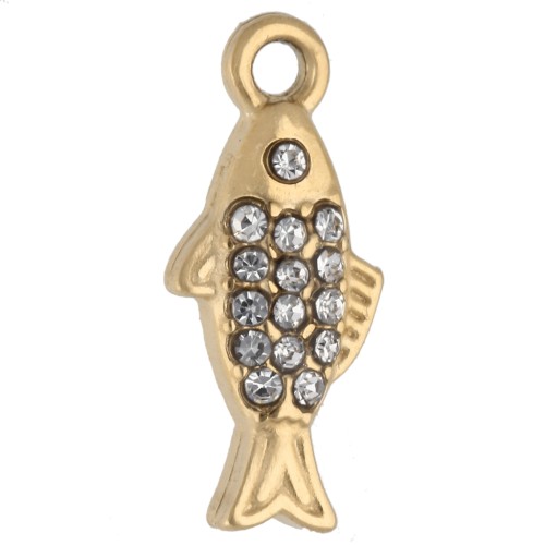 Breloque poisson 14x6 mm avec strass - Acier inoxydable Doré 304 - Crystal x1