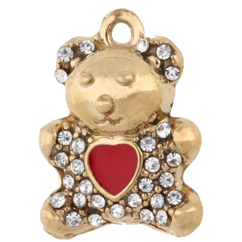 Breloque ourson 15x11.5mm coeur résine & strass - Acier Inox 304 Doré - Rouge x1
