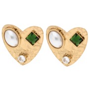 Boucd'oreilles cœur 17x18mm cabochons et strass - Acier inox Doré 304 - Blanc x2|raw }}